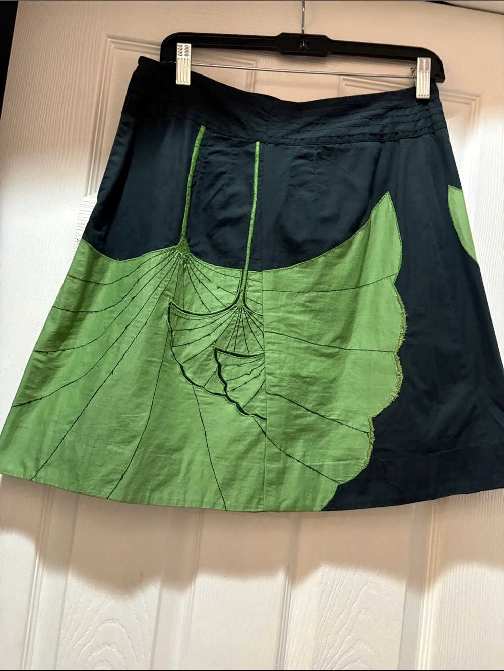 Black and Green A-Line Skirt with Embroidered Bird Detail